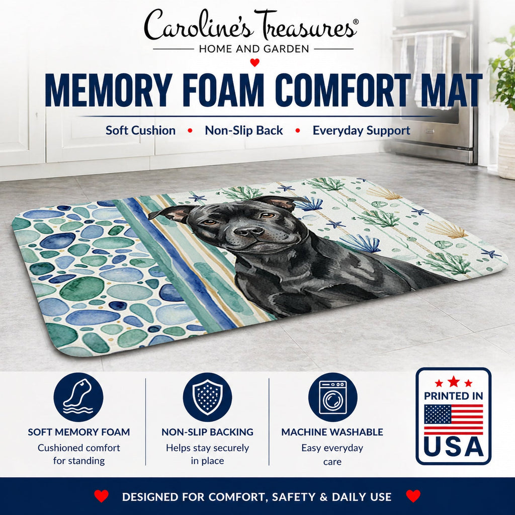 Black Staffordshire Bull Terrier Coastal Sea Glass Memory Foam Kitchen Mat Machine Washable Anti-Fatigue Cushion Comfort Bath or Kitchen Rug