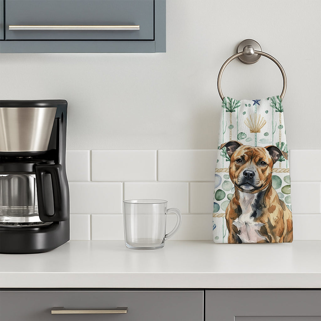 Brindle Staffordshire Bull Terrier Coastal Sea Glass Kitchen Towel Velour Plush Front and Cotton Loop Back Machine Washable