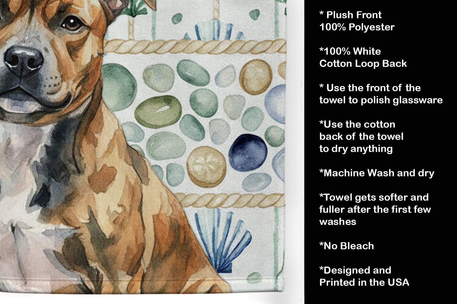 Brindle Staffordshire Bull Terrier Coastal Sea Glass Kitchen Towel Velour Plush Front and Cotton Loop Back Machine Washable