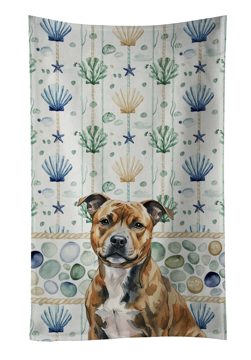 Brindle Staffordshire Bull Terrier Coastal Sea Glass Kitchen Towel Velour Plush Front and Cotton Loop Back Machine Washable