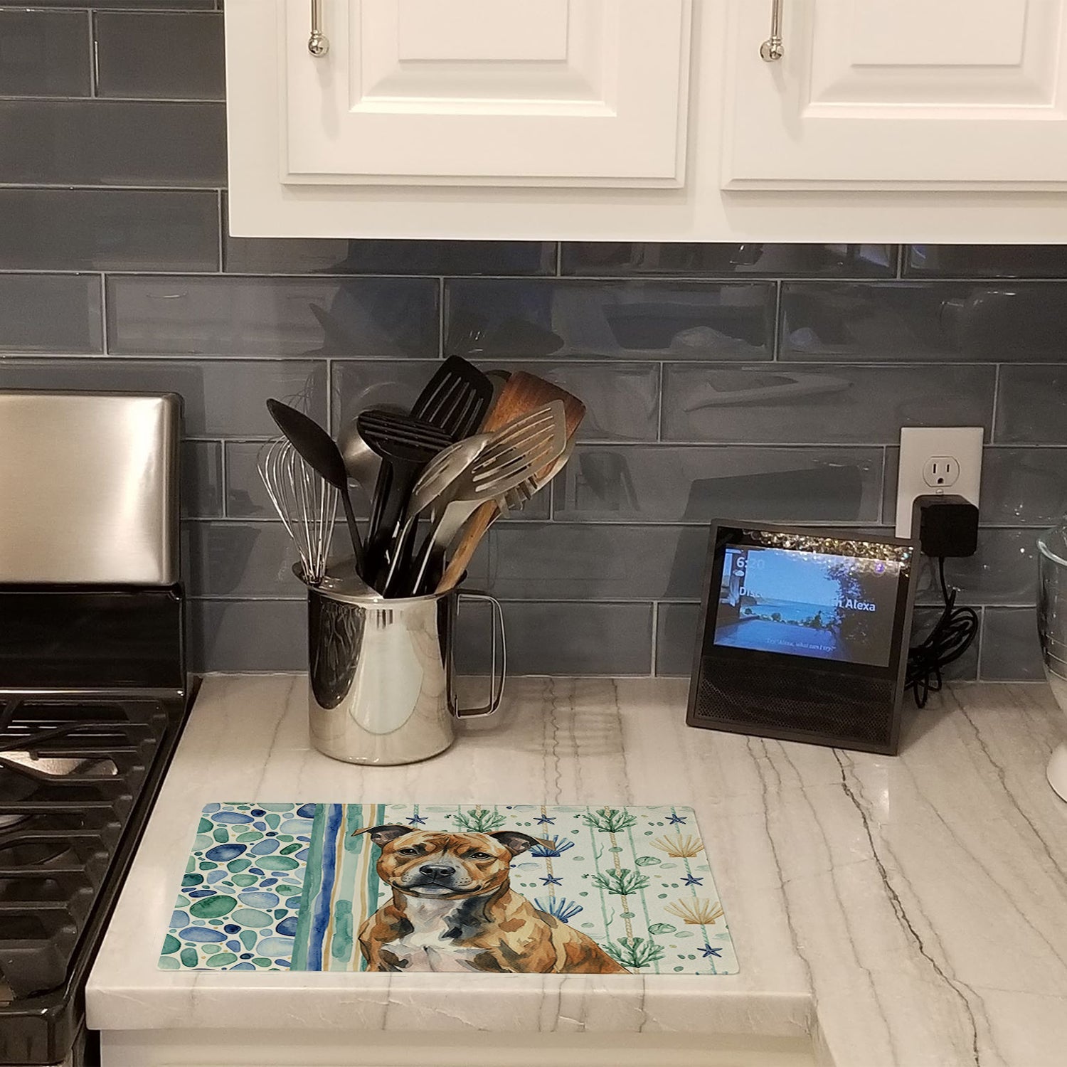 Brindle Staffordshire Bull Terrier Coastal Sea Glass Cutting Board Tempered Glass Kitchen Cutting Surface, Heat Resistant Chopping, Non-Slip Feet, Food Prep & Serving
