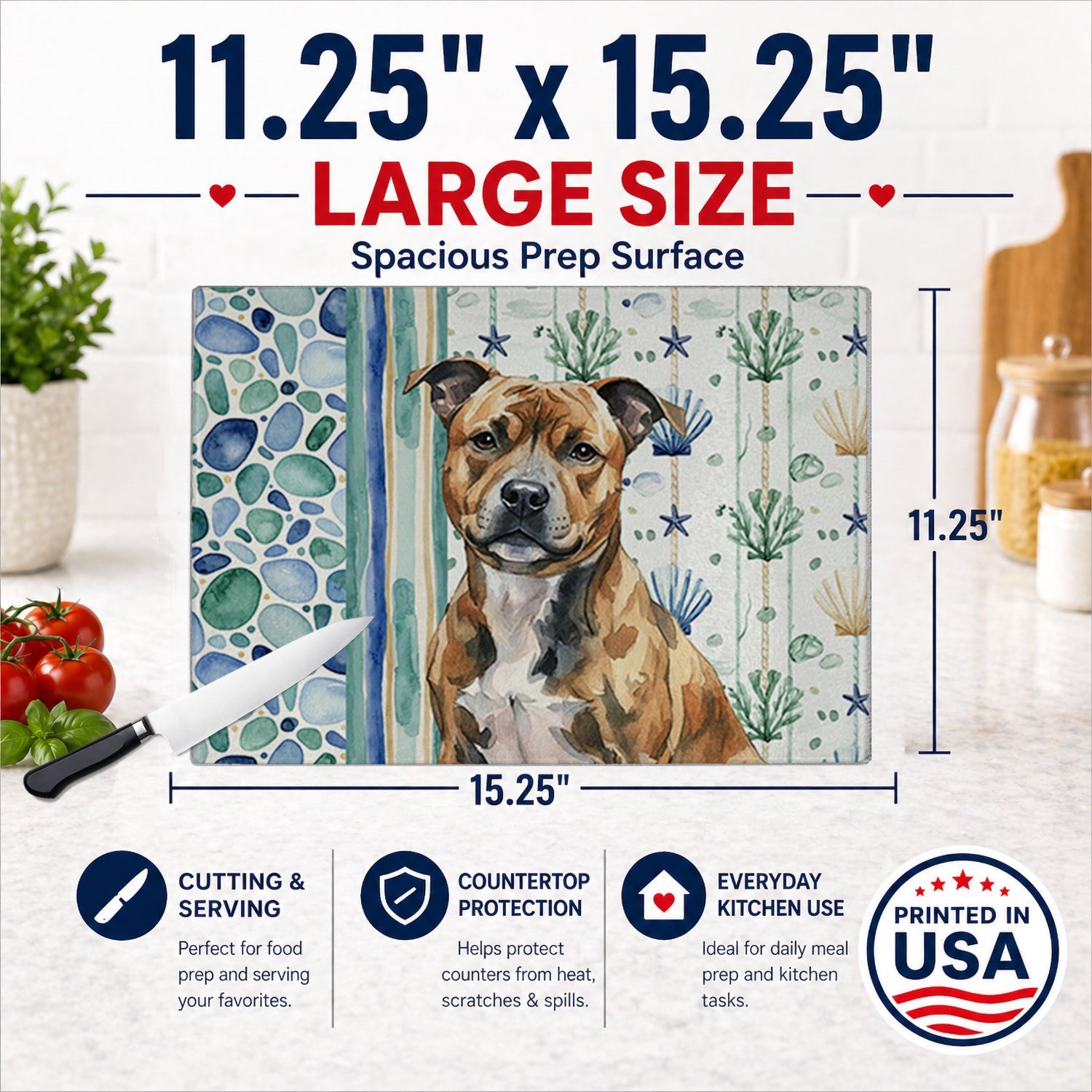 Brindle Staffordshire Bull Terrier Coastal Sea Glass Cutting Board Tempered Glass Kitchen Cutting Surface, Heat Resistant Chopping, Non-Slip Feet, Food Prep & Serving