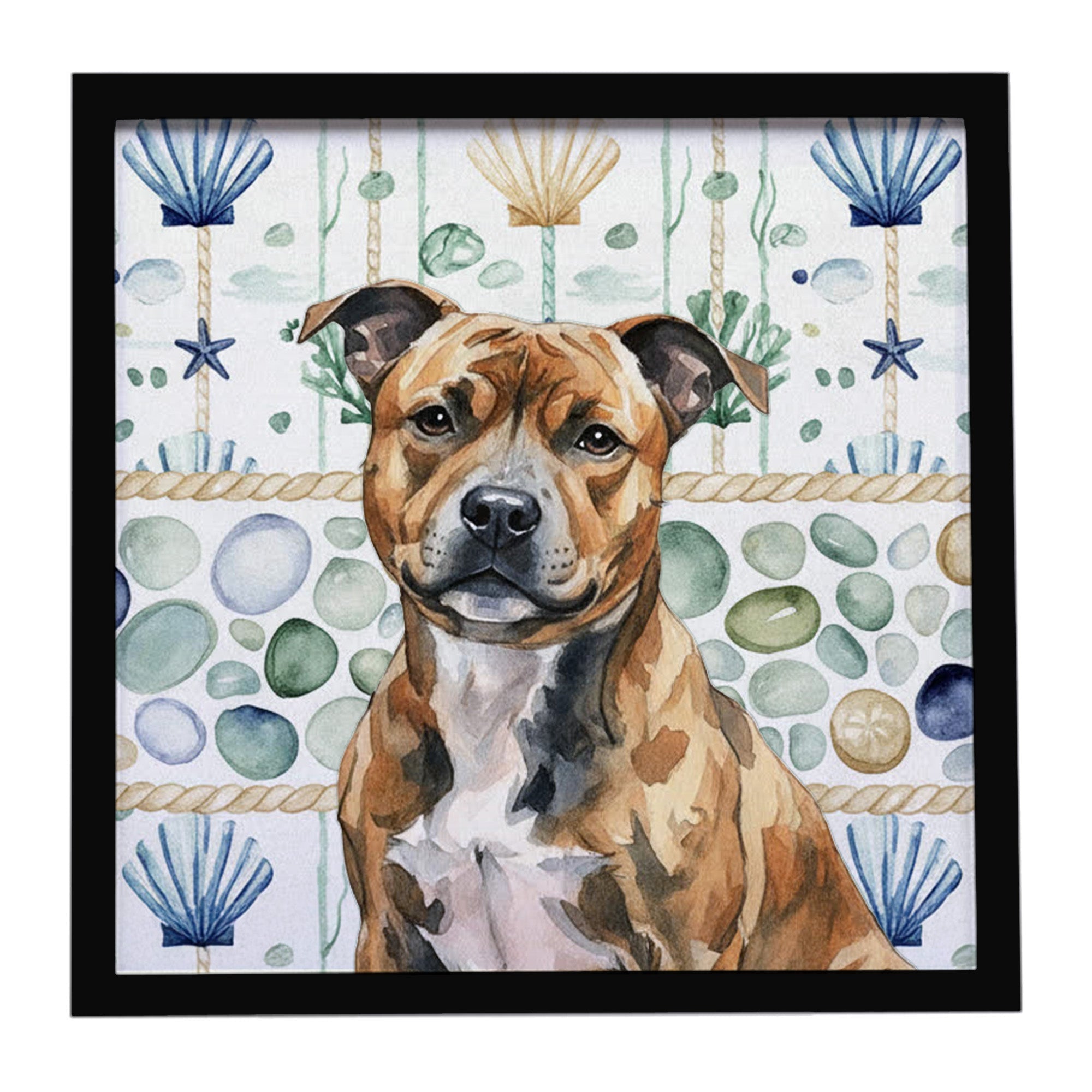 Brindle Staffordshire Bull Terrier Coastal Sea Glass Framed Metal Print Bathroom, Kitchen, Office, Home Decor Wall Art Ready to Hang, Square, 8X8