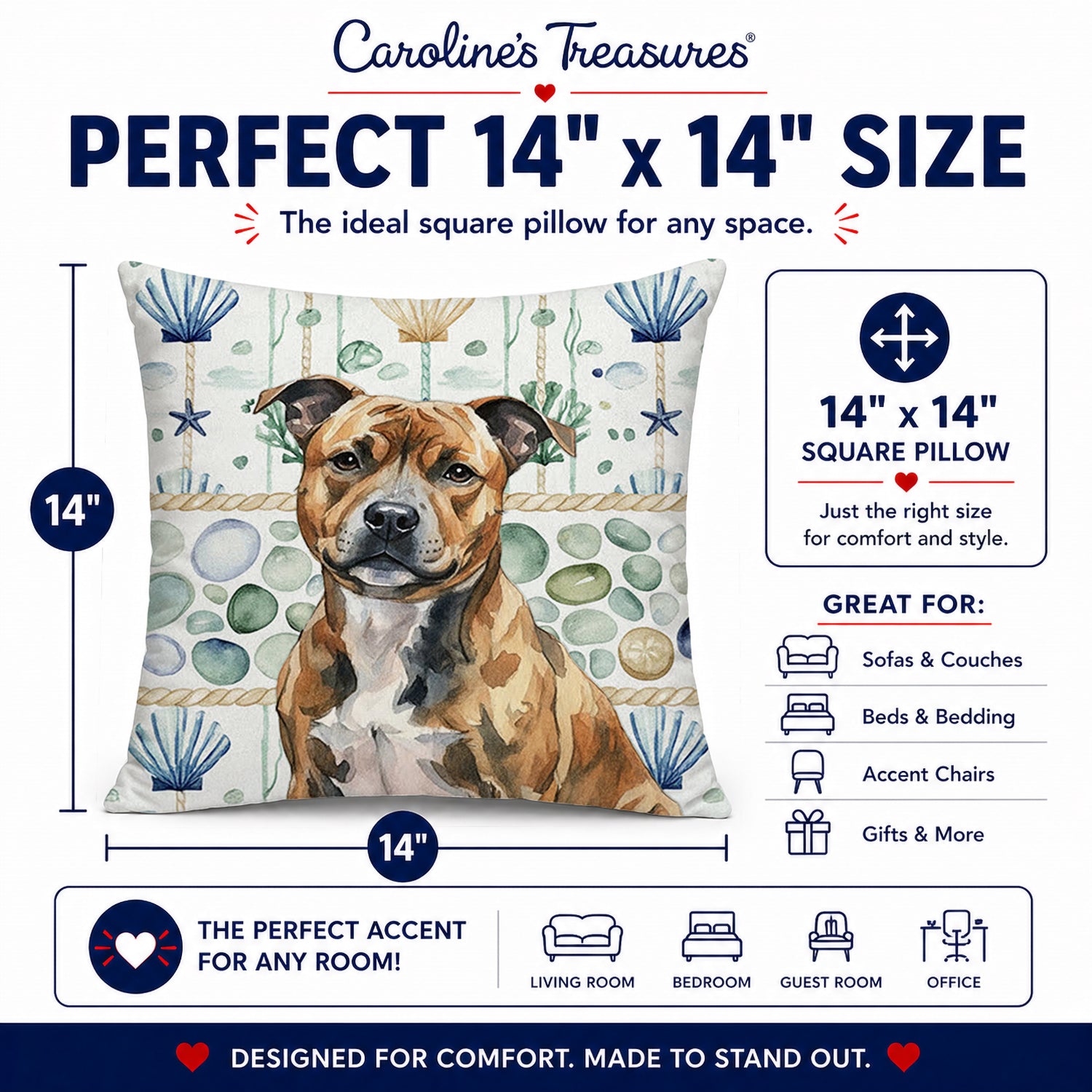 Brindle Staffordshire Bull Terrier Coastal Sea Glass Decorative Throw Pillow 14x14 Indoor Outdoor Accent Cushion, Fabric Cover with Insert for Sofa, Bed, Porch & Living Room