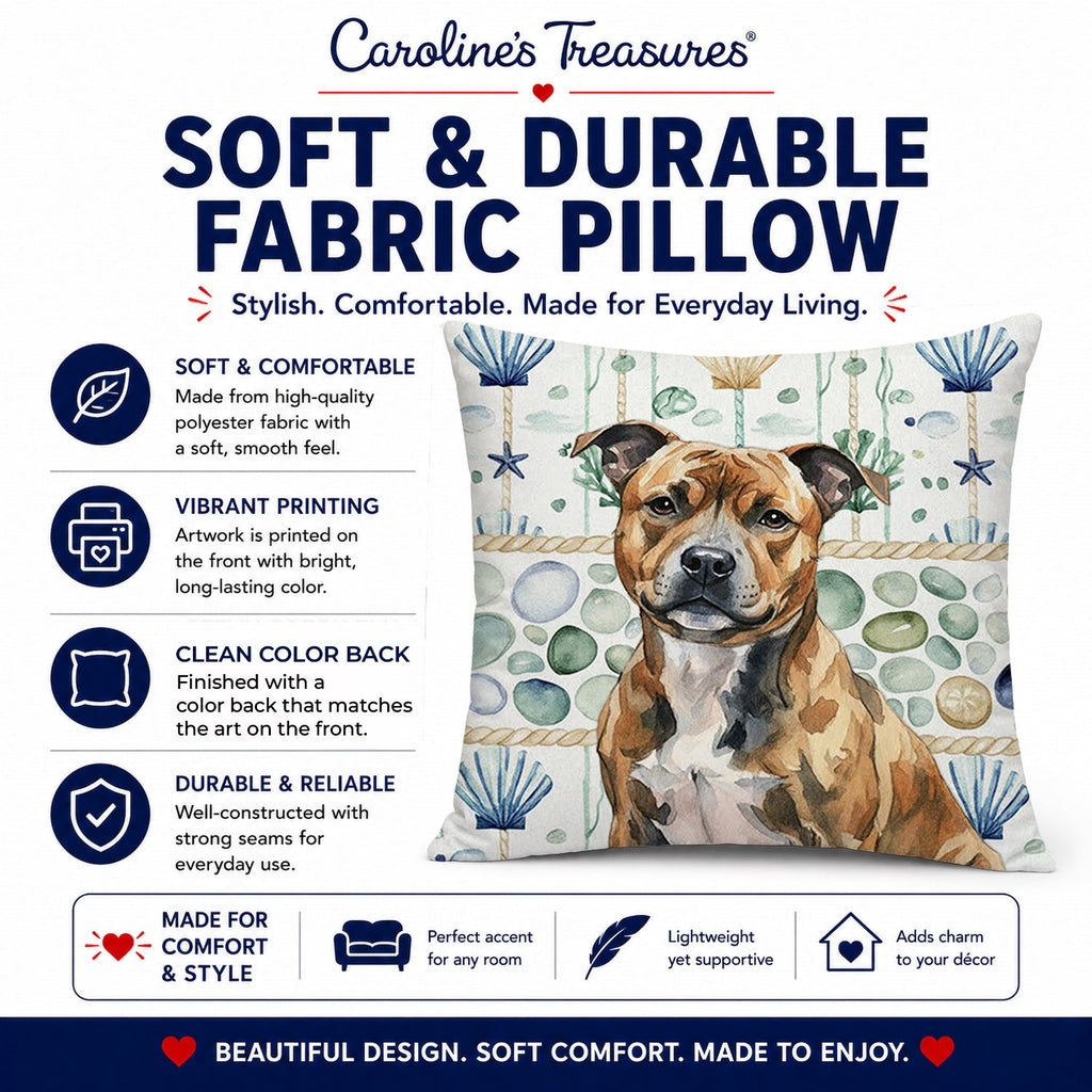 Brindle Staffordshire Bull Terrier Coastal Sea Glass Decorative Throw Pillow 18x18 Indoor Outdoor Accent Cushion, Fabric Cover with Insert for Sofa, Bed, Porch & Living Room