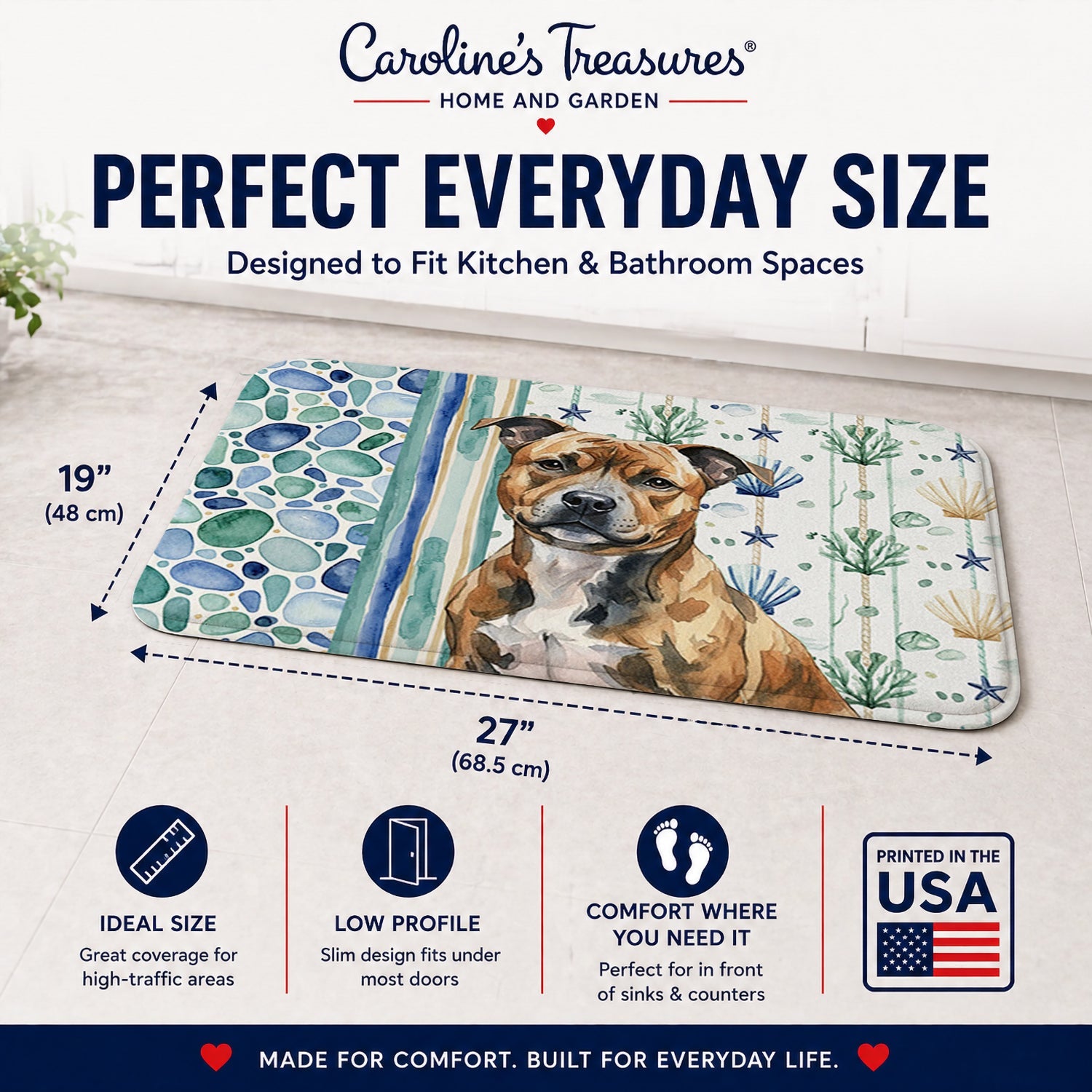 Brindle Staffordshire Bull Terrier Coastal Sea Glass Memory Foam Kitchen Mat Machine Washable Anti-Fatigue Cushion Comfort Bath or Kitchen Rug