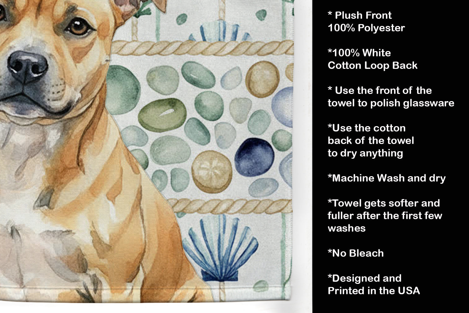 Fawn Staffordshire Bull Terrier Coastal Sea Glass Kitchen Towel Velour Plush Front and Cotton Loop Back Machine Washable