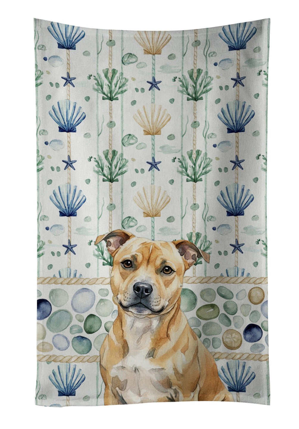 Fawn Staffordshire Bull Terrier Coastal Sea Glass Kitchen Towel Velour Plush Front and Cotton Loop Back Machine Washable