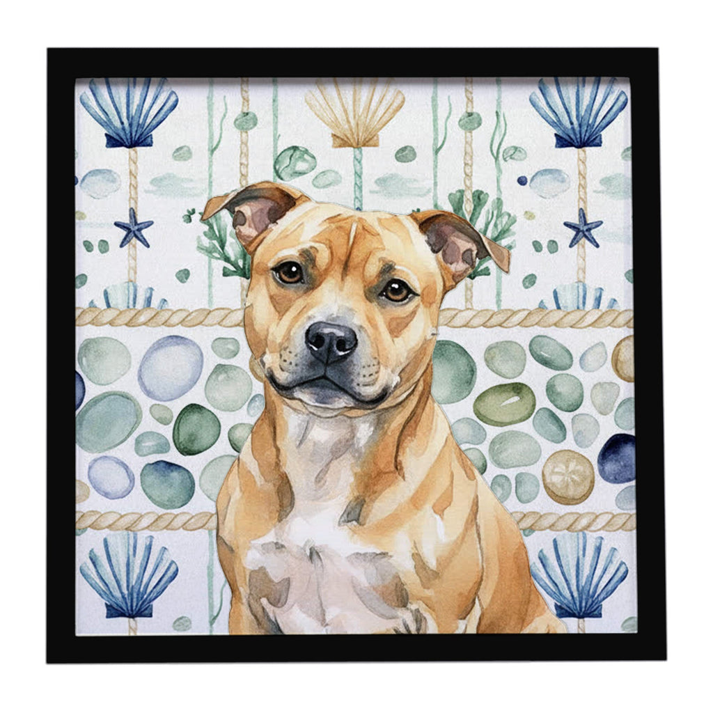 Fawn Staffordshire Bull Terrier Coastal Sea Glass Framed Metal Print Bathroom, Kitchen, Office, Home Decor Wall Art Ready to Hang, Square, 8X8