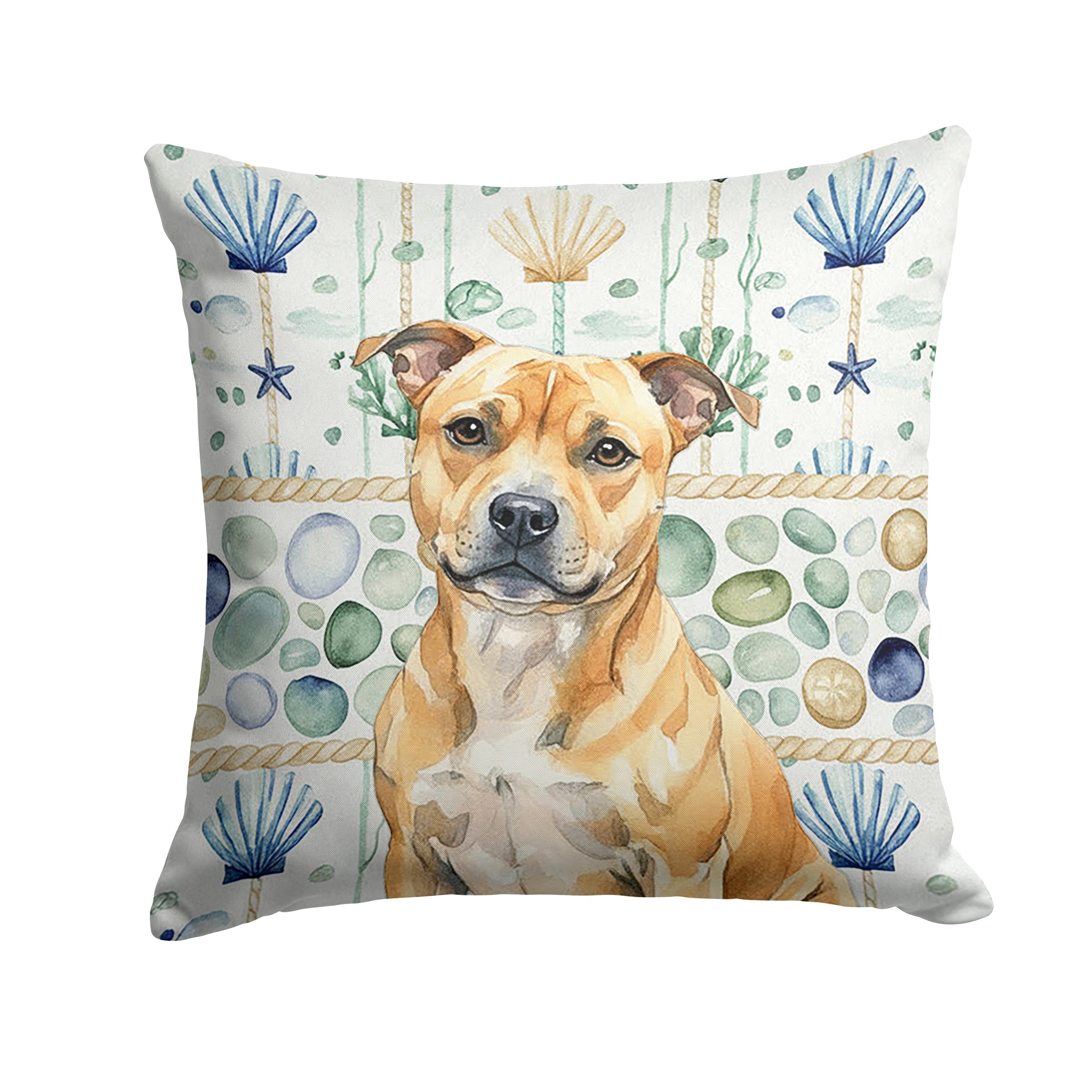 Fawn Staffordshire Bull Terrier Coastal Sea Glass Decorative Throw Pillow 14x14 Indoor Outdoor Accent Cushion, Fabric Cover with Insert for Sofa, Bed, Porch & Living Room