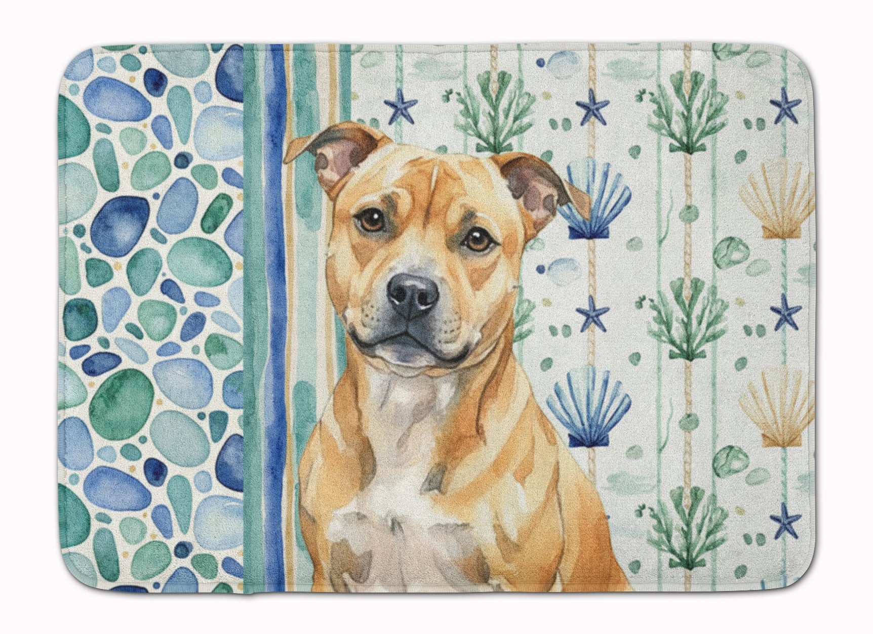 Fawn Staffordshire Bull Terrier Coastal Sea Glass Memory Foam Kitchen Mat Machine Washable Anti-Fatigue Cushion Comfort Bath or Kitchen Rug