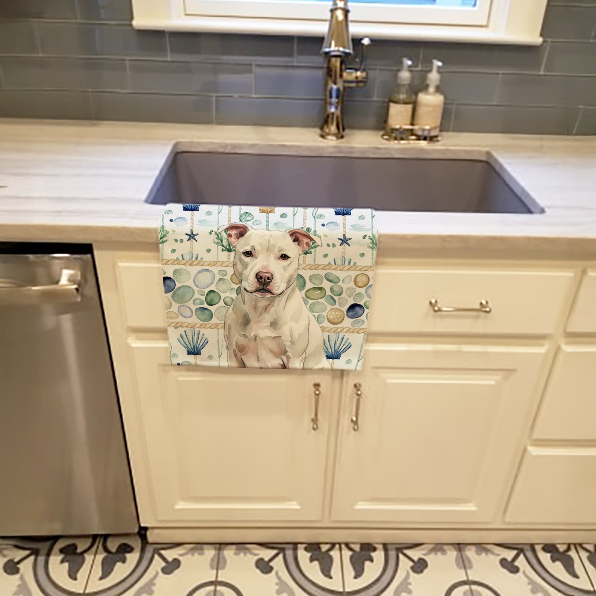 White Staffordshire Bull Terrier Coastal Sea Glass Kitchen Towel Velour Plush Front and Cotton Loop Back Machine Washable