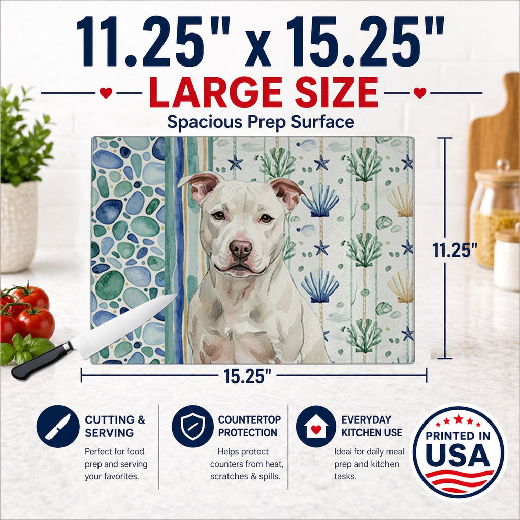 White Staffordshire Bull Terrier Coastal Sea Glass Cutting Board Tempered Glass Kitchen Cutting Surface, Heat Resistant Chopping, Non-Slip Feet, Food Prep & Serving