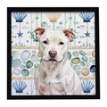 White Staffordshire Bull Terrier Coastal Sea Glass Framed Metal Print Bathroom, Kitchen, Office, Home Decor Wall Art Ready to Hang, Square, 8X8