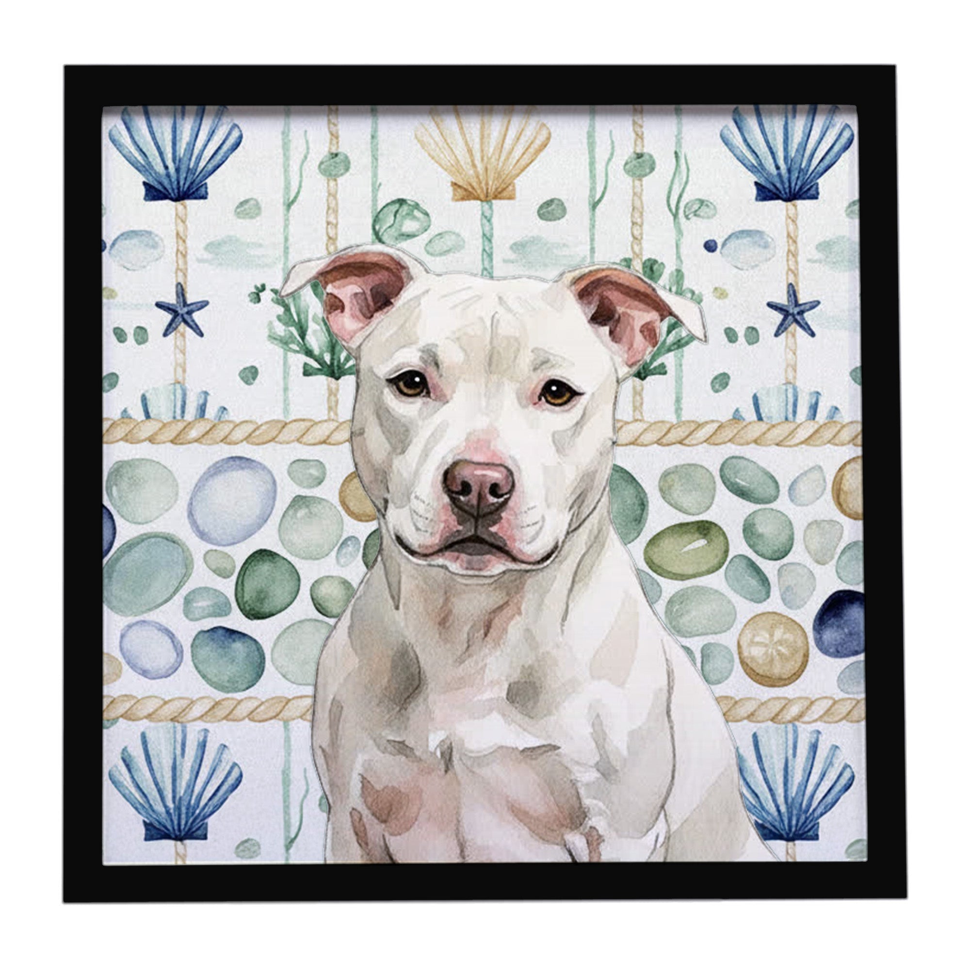 White Staffordshire Bull Terrier Coastal Sea Glass Framed Metal Print Bathroom, Kitchen, Office, Home Decor Wall Art Ready to Hang, Square, 8X8