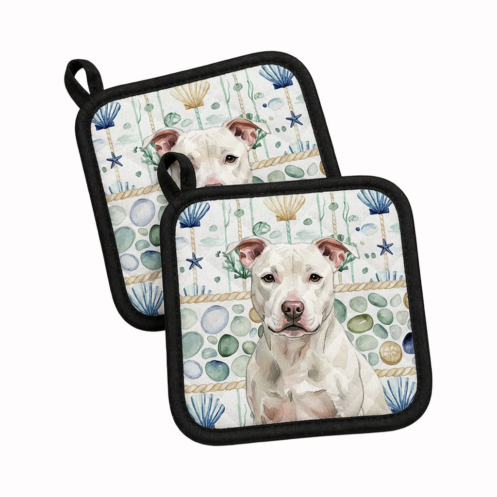 White Staffordshire Bull Terrier Coastal Sea Glass Pot Holder Set of 2 Heat Resistant Quilted Hot Pads 7.5 x 7.5 Inch, Insulated Kitchen Trivets for Cooking & Baking