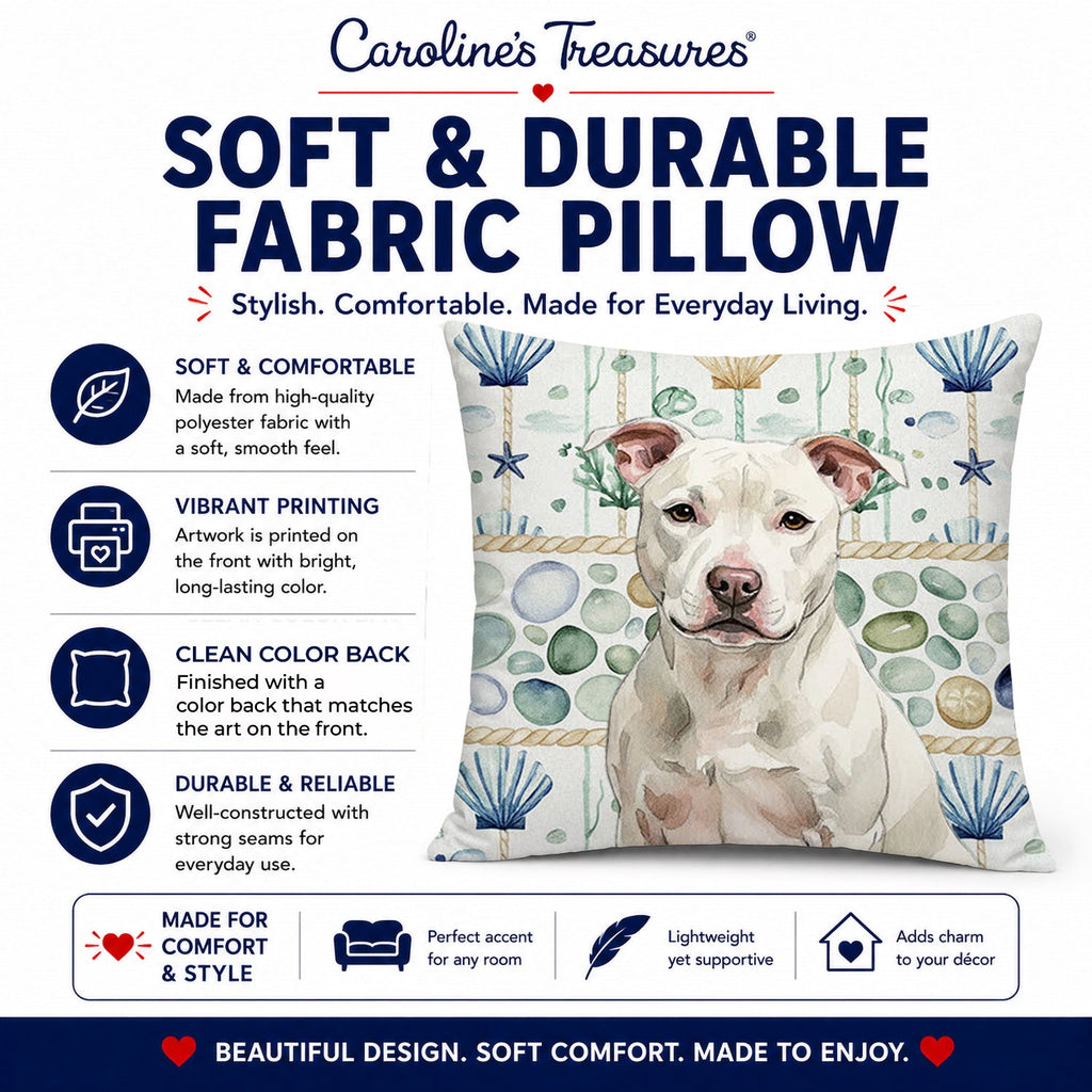 White Staffordshire Bull Terrier Coastal Sea Glass Decorative Throw Pillow 18x18 Indoor Outdoor Accent Cushion, Fabric Cover with Insert for Sofa, Bed, Porch & Living Room