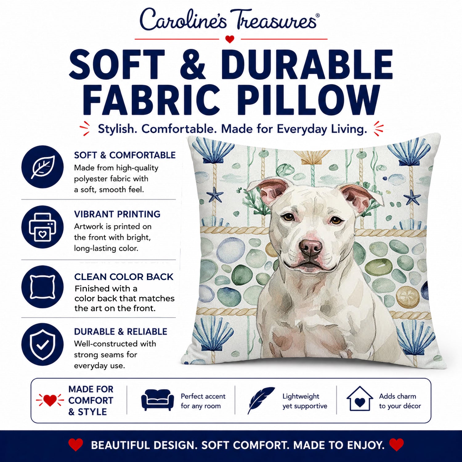 White Staffordshire Bull Terrier Coastal Sea Glass Decorative Throw Pillow 18x18 Indoor Outdoor Accent Cushion, Fabric Cover with Insert for Sofa, Bed, Porch & Living Room