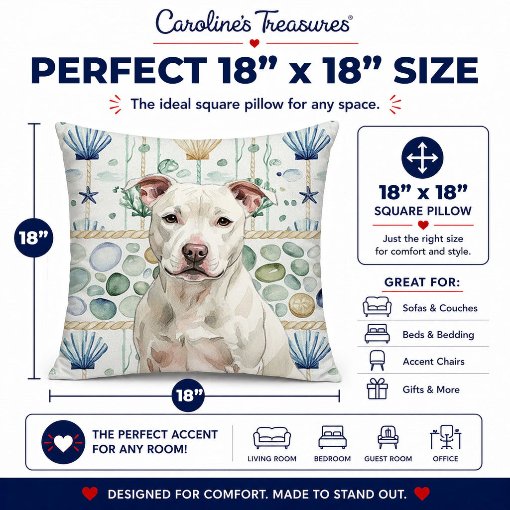 White Staffordshire Bull Terrier Coastal Sea Glass Decorative Throw Pillow 18x18 Indoor Outdoor Accent Cushion, Fabric Cover with Insert for Sofa, Bed, Porch & Living Room