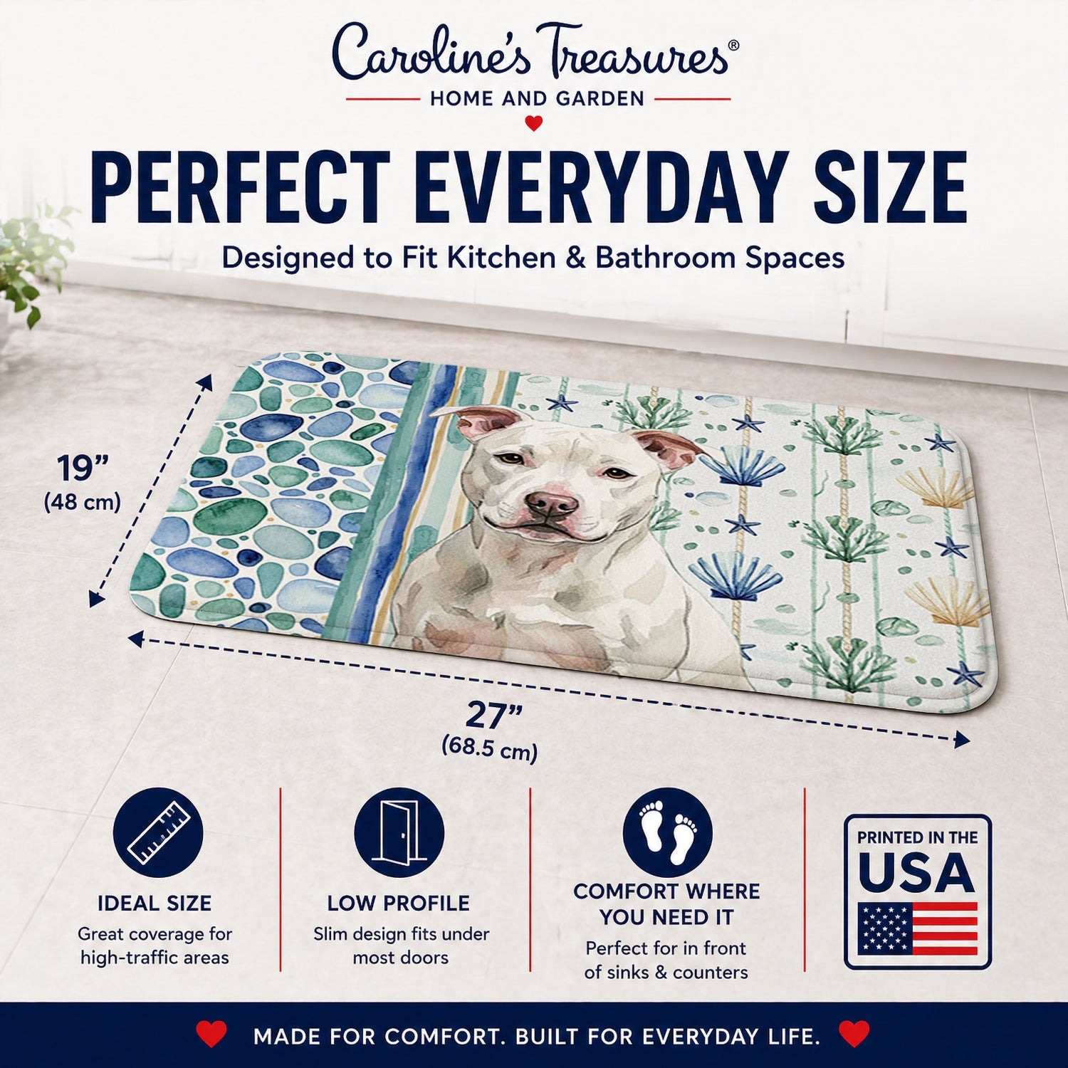 White Staffordshire Bull Terrier Coastal Sea Glass Memory Foam Kitchen Mat Machine Washable Anti-Fatigue Cushion Comfort Bath or Kitchen Rug