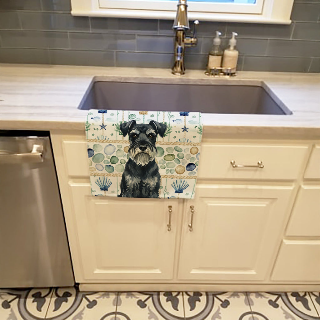Standard Schnauzer Coastal Sea Glass Kitchen Towel Velour Plush Front and Cotton Loop Back Machine Washable