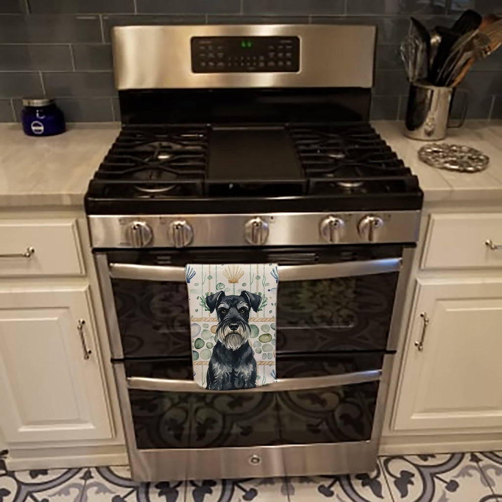 Standard Schnauzer Coastal Sea Glass Kitchen Towel Velour Plush Front and Cotton Loop Back Machine Washable