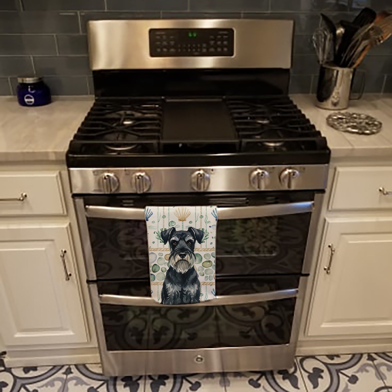 Standard Schnauzer Coastal Sea Glass Kitchen Towel Velour Plush Front and Cotton Loop Back Machine Washable
