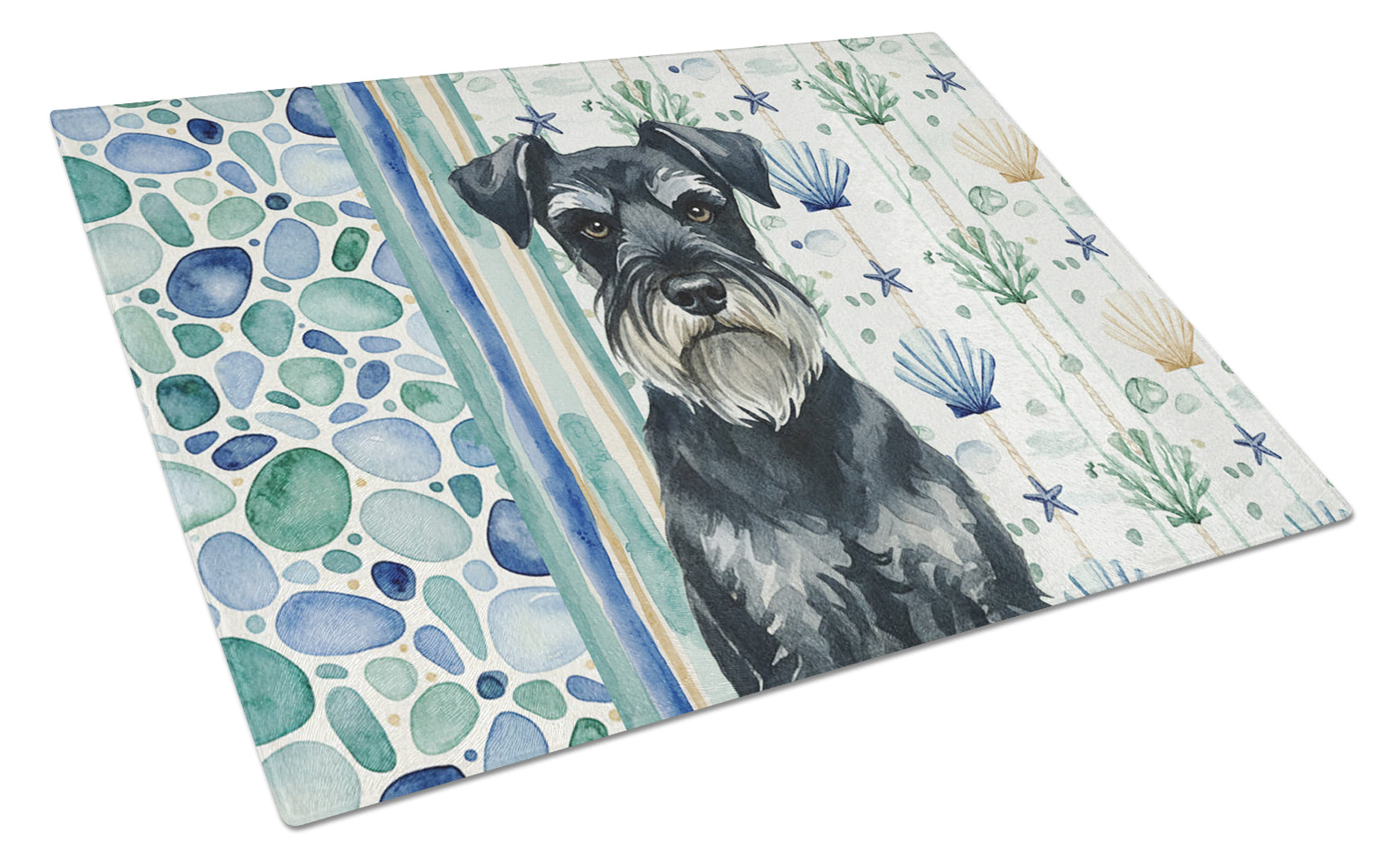 Standard Schnauzer Coastal Sea Glass Cutting Board Tempered Glass Kitchen Cutting Surface, Heat Resistant Chopping, Non-Slip Feet, Food Prep & Serving