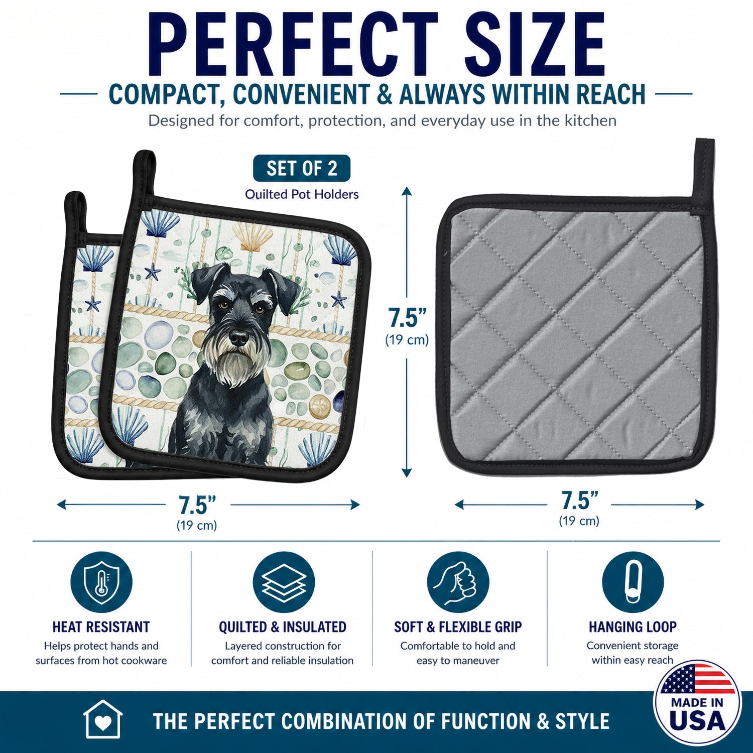Standard Schnauzer Coastal Sea Glass Pot Holder Set of 2 Heat Resistant Quilted Hot Pads 7.5 x 7.5 Inch, Insulated Kitchen Trivets for Cooking & Baking