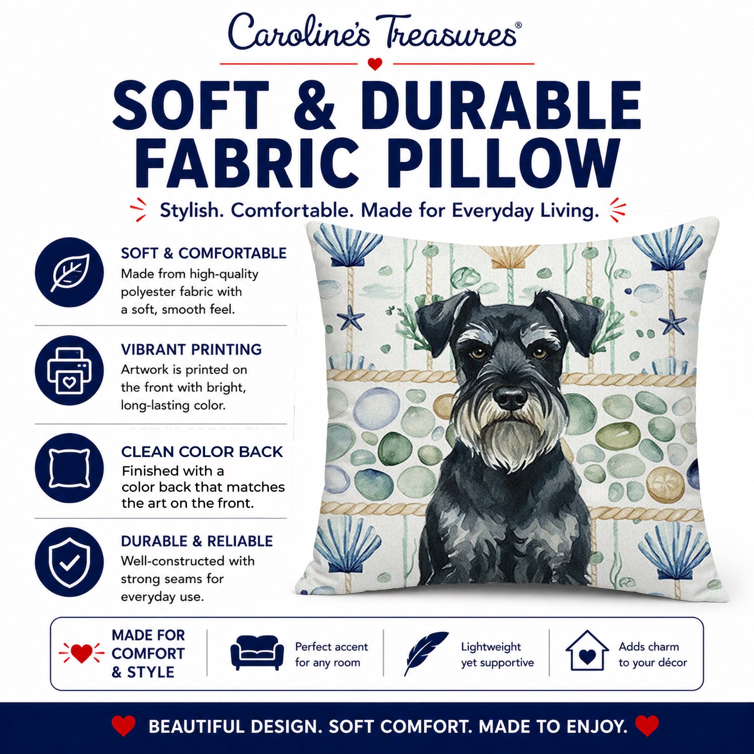 Standard Schnauzer Coastal Sea Glass Decorative Throw Pillow 18x18 Indoor Outdoor Accent Cushion, Fabric Cover with Insert for Sofa, Bed, Porch & Living Room