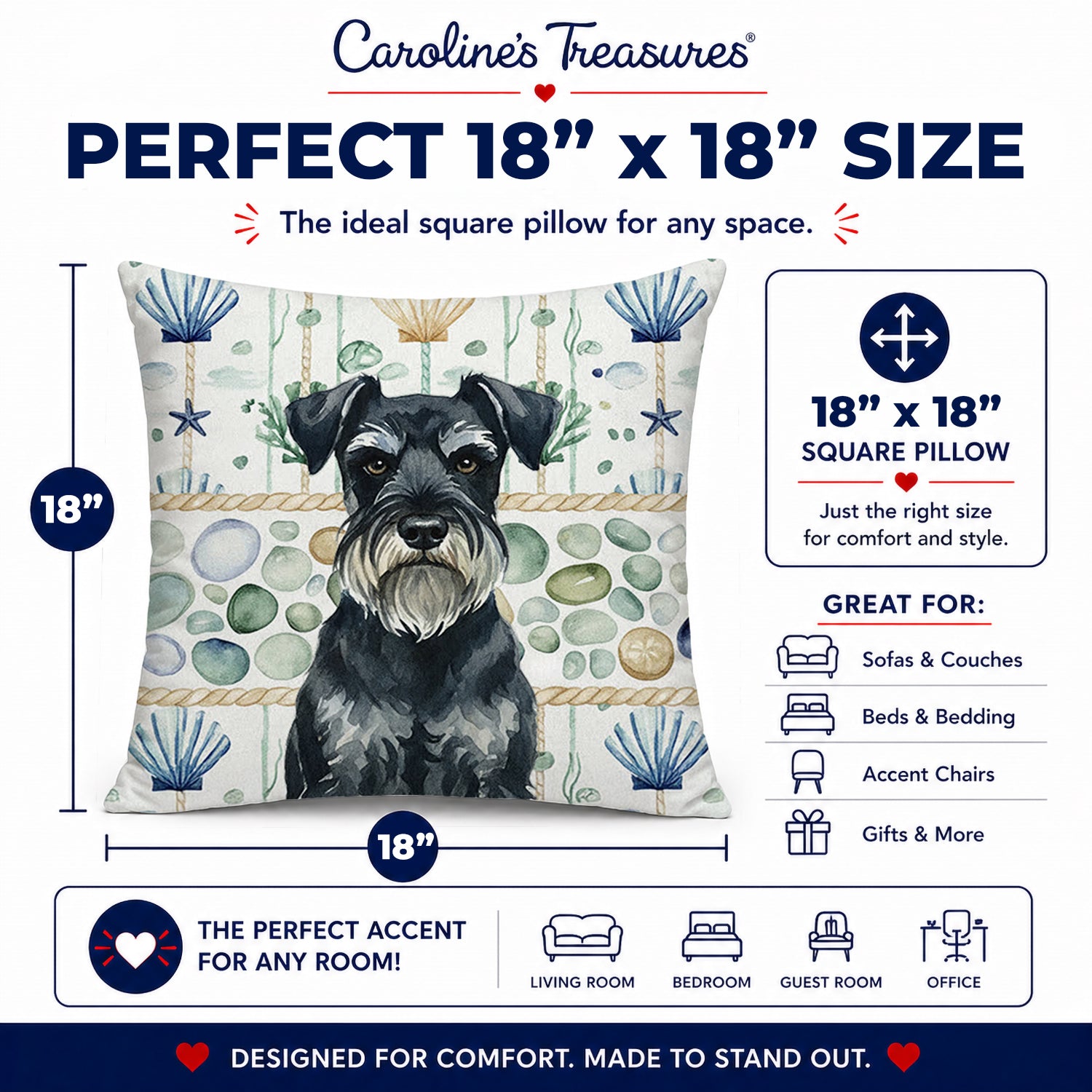 Standard Schnauzer Coastal Sea Glass Decorative Throw Pillow 18x18 Indoor Outdoor Accent Cushion, Fabric Cover with Insert for Sofa, Bed, Porch & Living Room