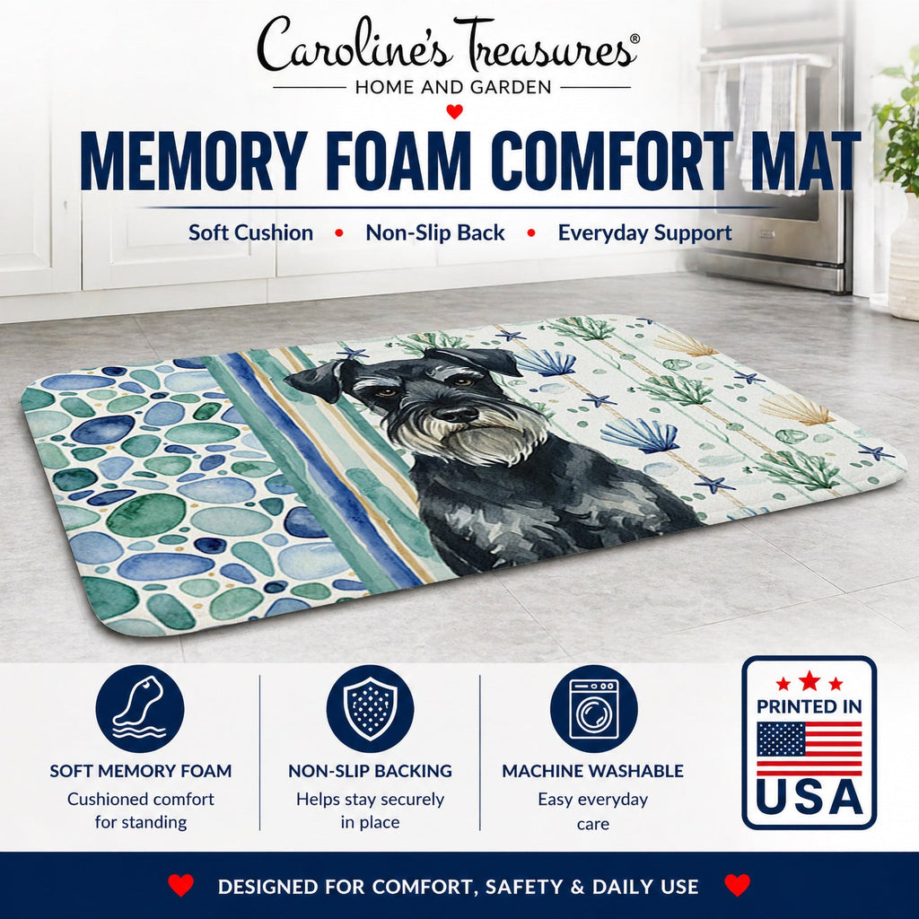 Standard Schnauzer Coastal Sea Glass Memory Foam Kitchen Mat Machine Washable Anti-Fatigue Cushion Comfort Bath or Kitchen Rug