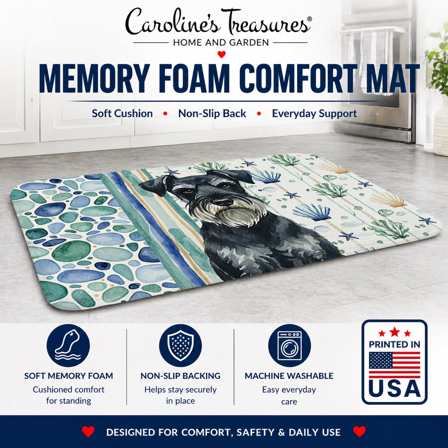 Standard Schnauzer Coastal Sea Glass Memory Foam Kitchen Mat Machine Washable Anti-Fatigue Cushion Comfort Bath or Kitchen Rug
