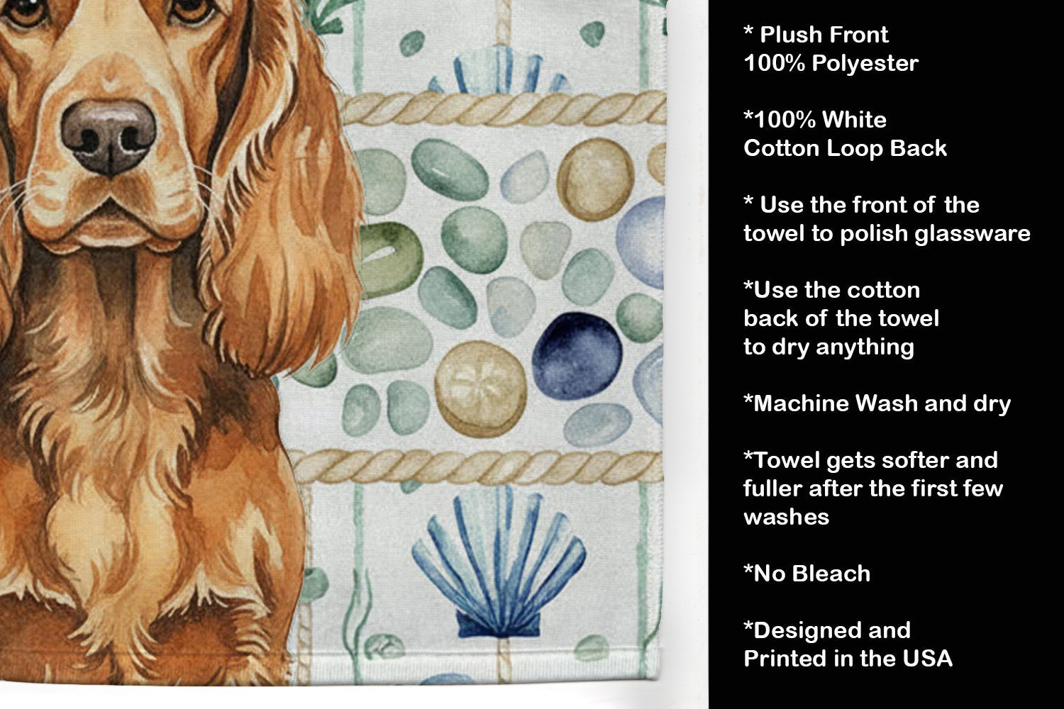 Sussex Spaniel Coastal Sea Glass Kitchen Towel Velour Plush Front and Cotton Loop Back Machine Washable