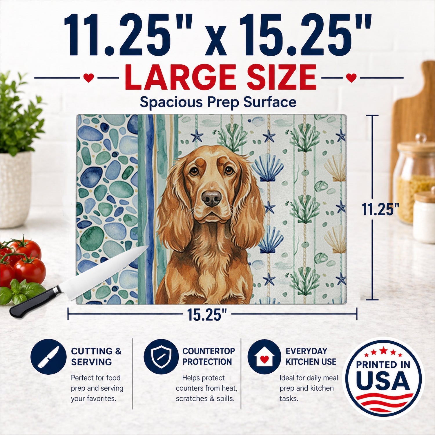 Sussex Spaniel Coastal Sea Glass Cutting Board Tempered Glass Kitchen Cutting Surface, Heat Resistant Chopping, Non-Slip Feet, Food Prep & Serving