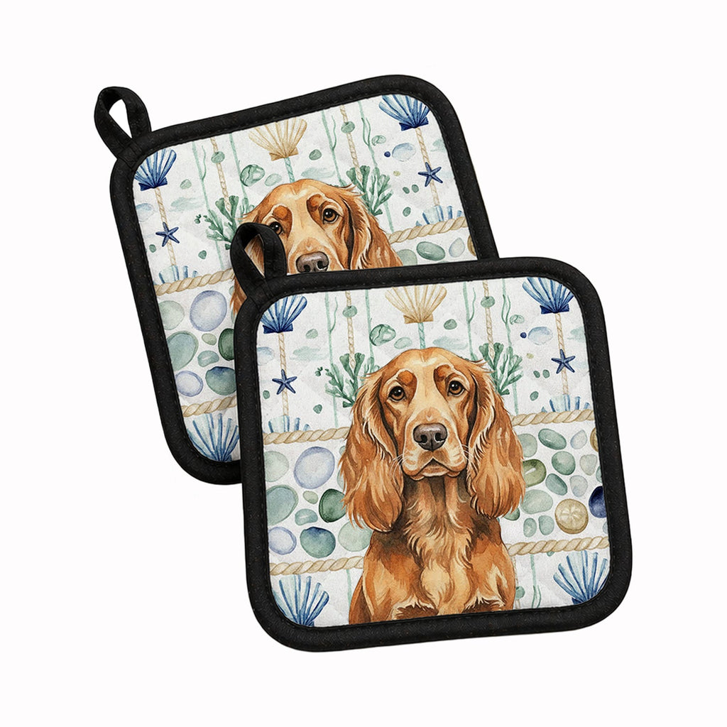 Sussex Spaniel Coastal Sea Glass Pot Holder Set of 2 Heat Resistant Quilted Hot Pads 7.5 x 7.5 Inch, Insulated Kitchen Trivets for Cooking & Baking
