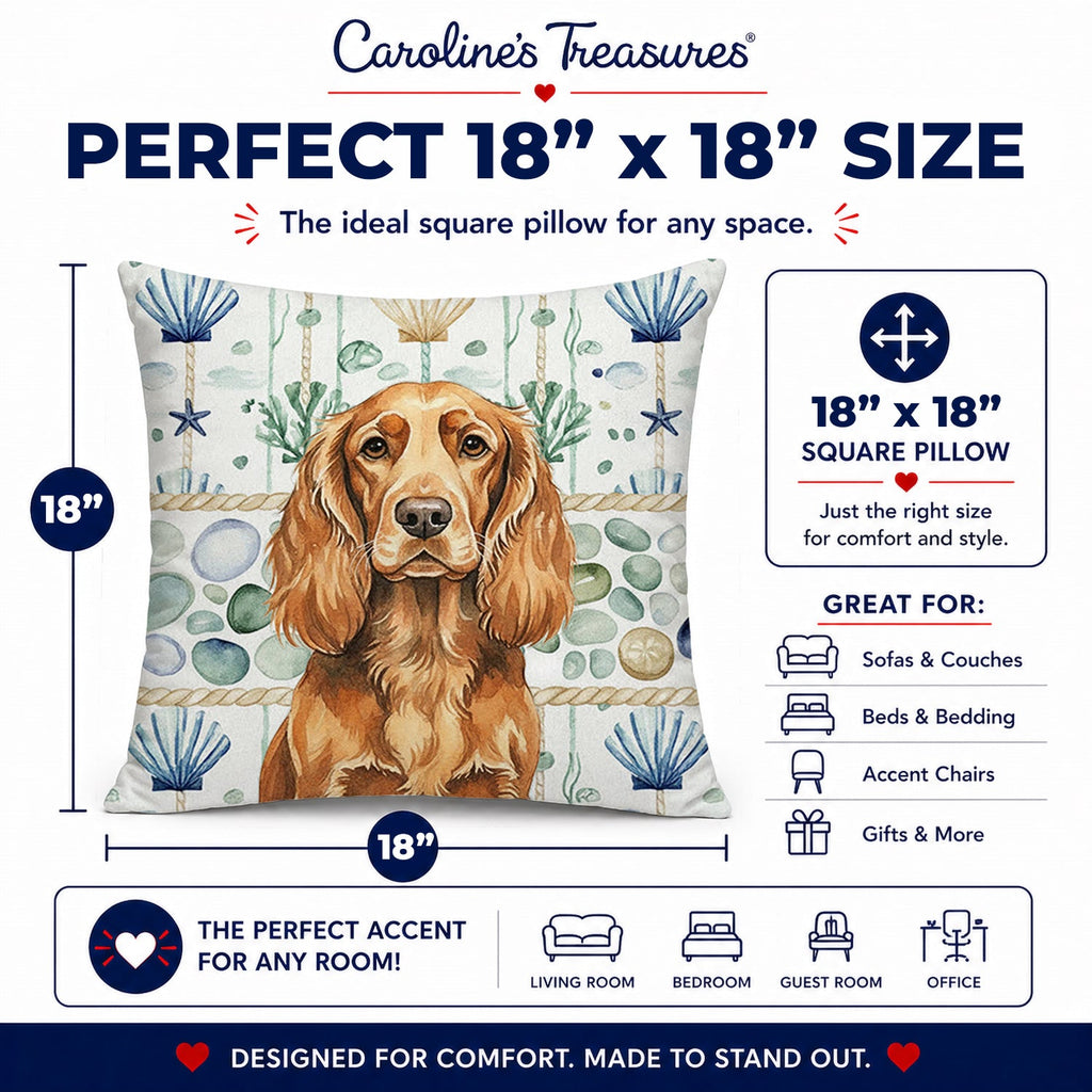 Sussex Spaniel Coastal Sea Glass Decorative Throw Pillow 18x18 Indoor Outdoor Accent Cushion, Fabric Cover with Insert for Sofa, Bed, Porch & Living Room