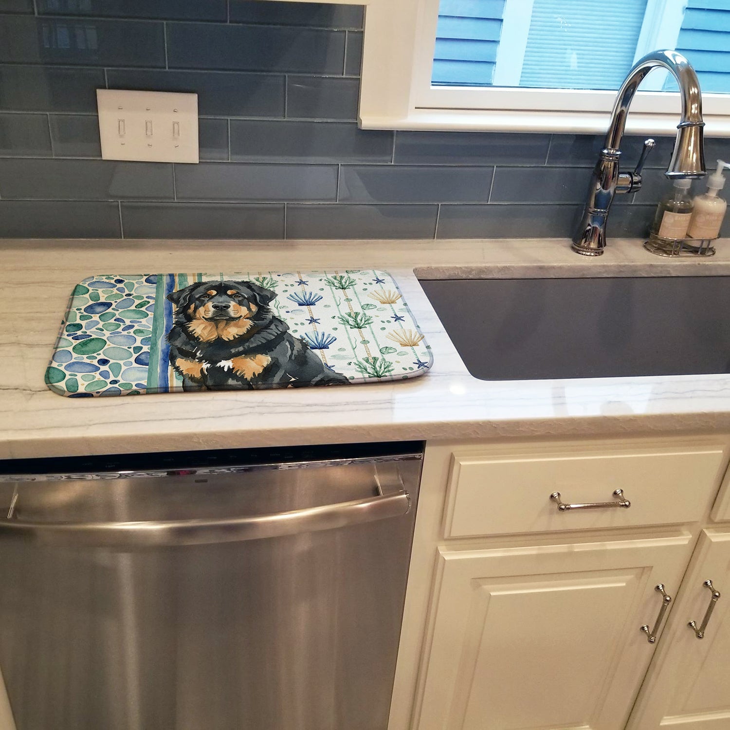 Black and Tan Tibetan Mastiff Coastal Sea Glass Dish Drying Mat Absorbent Dish Drying Mat Pad for Kitchen Counter Dish Drainer Mat for Countertop, 14 x 21", Multicolor