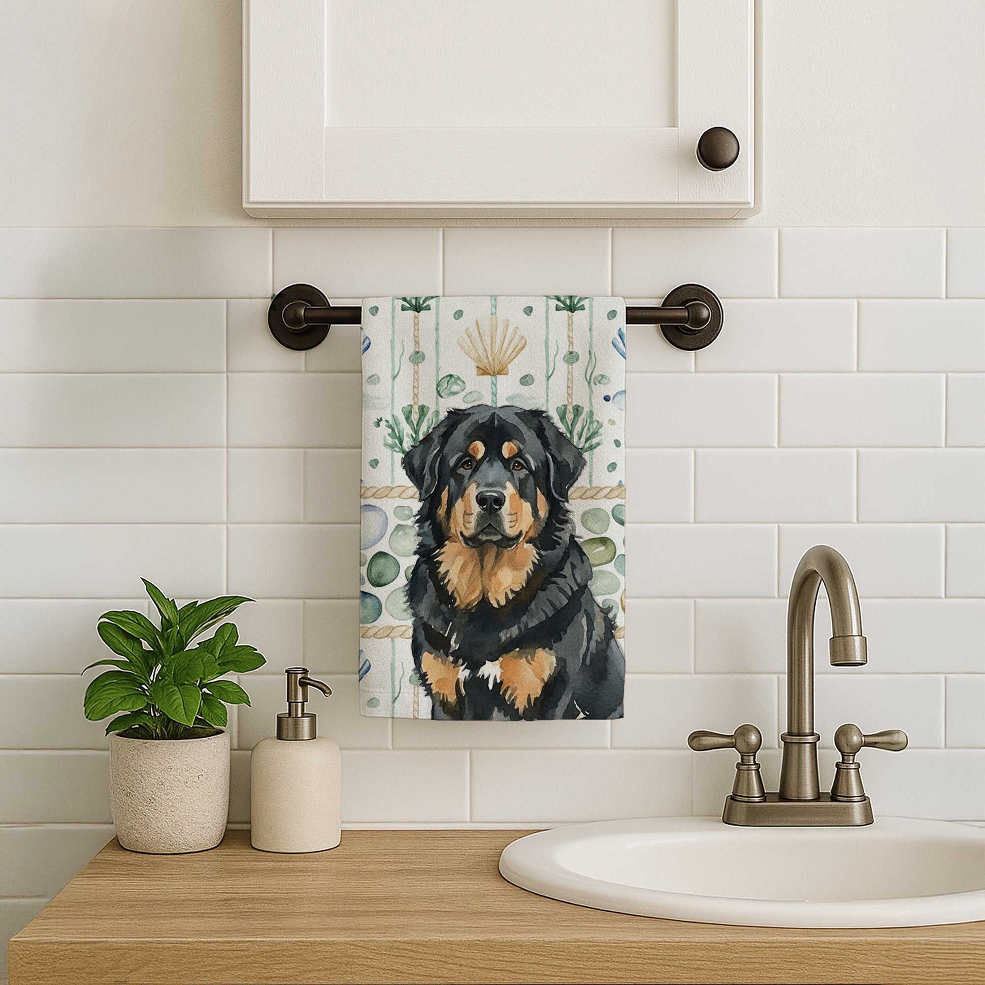 Black and Tan Tibetan Mastiff Coastal Sea Glass Kitchen Towel Velour Plush Front and Cotton Loop Back Machine Washable