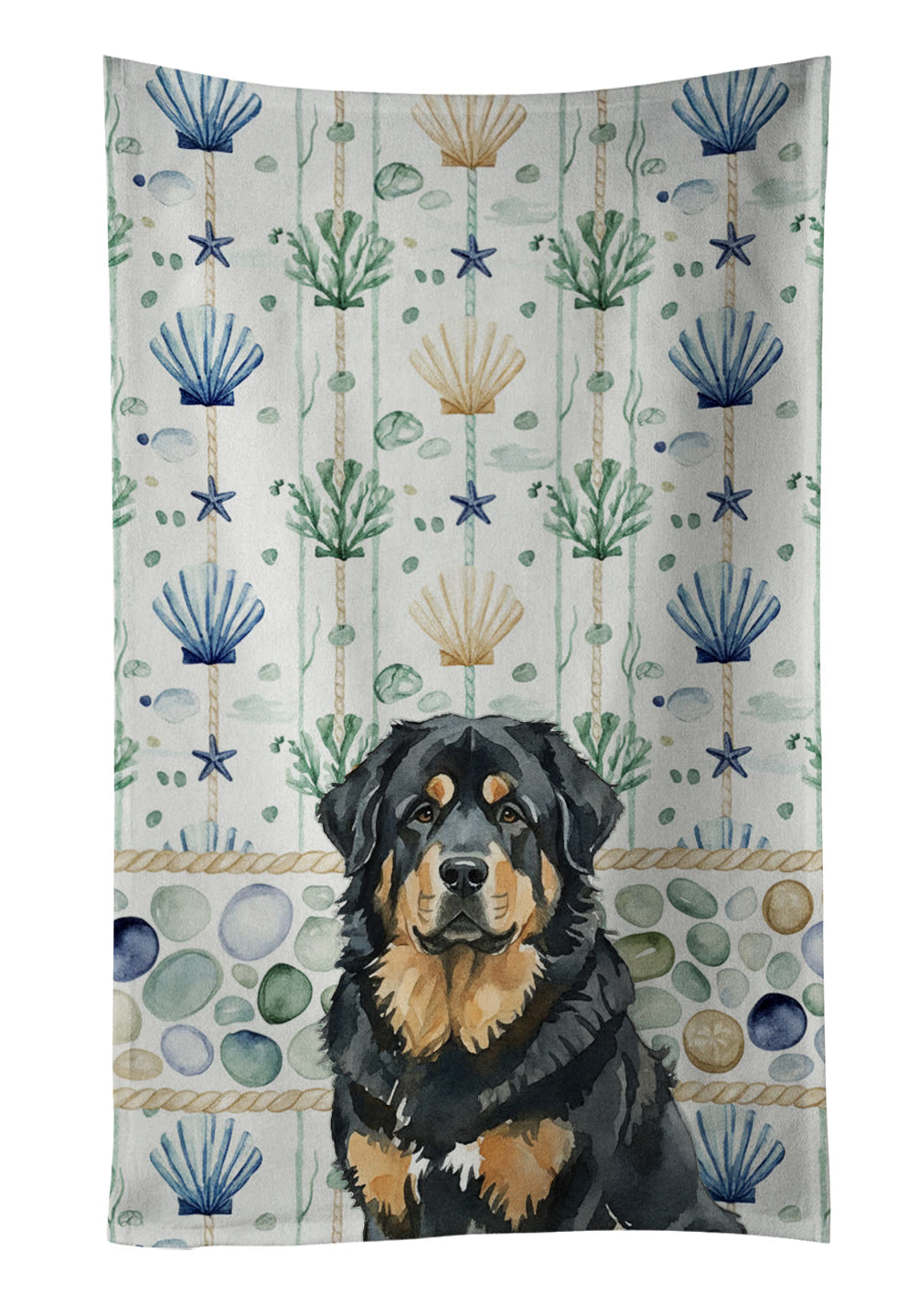 Black and Tan Tibetan Mastiff Coastal Sea Glass Kitchen Towel Velour Plush Front and Cotton Loop Back Machine Washable