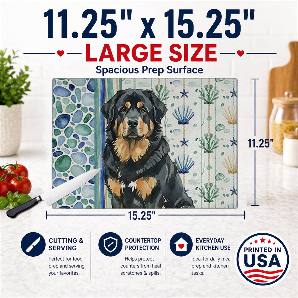 Black and Tan Tibetan Mastiff Coastal Sea Glass Cutting Board Tempered Glass Kitchen Cutting Surface, Heat Resistant Chopping, Non-Slip Feet, Food Prep & Serving