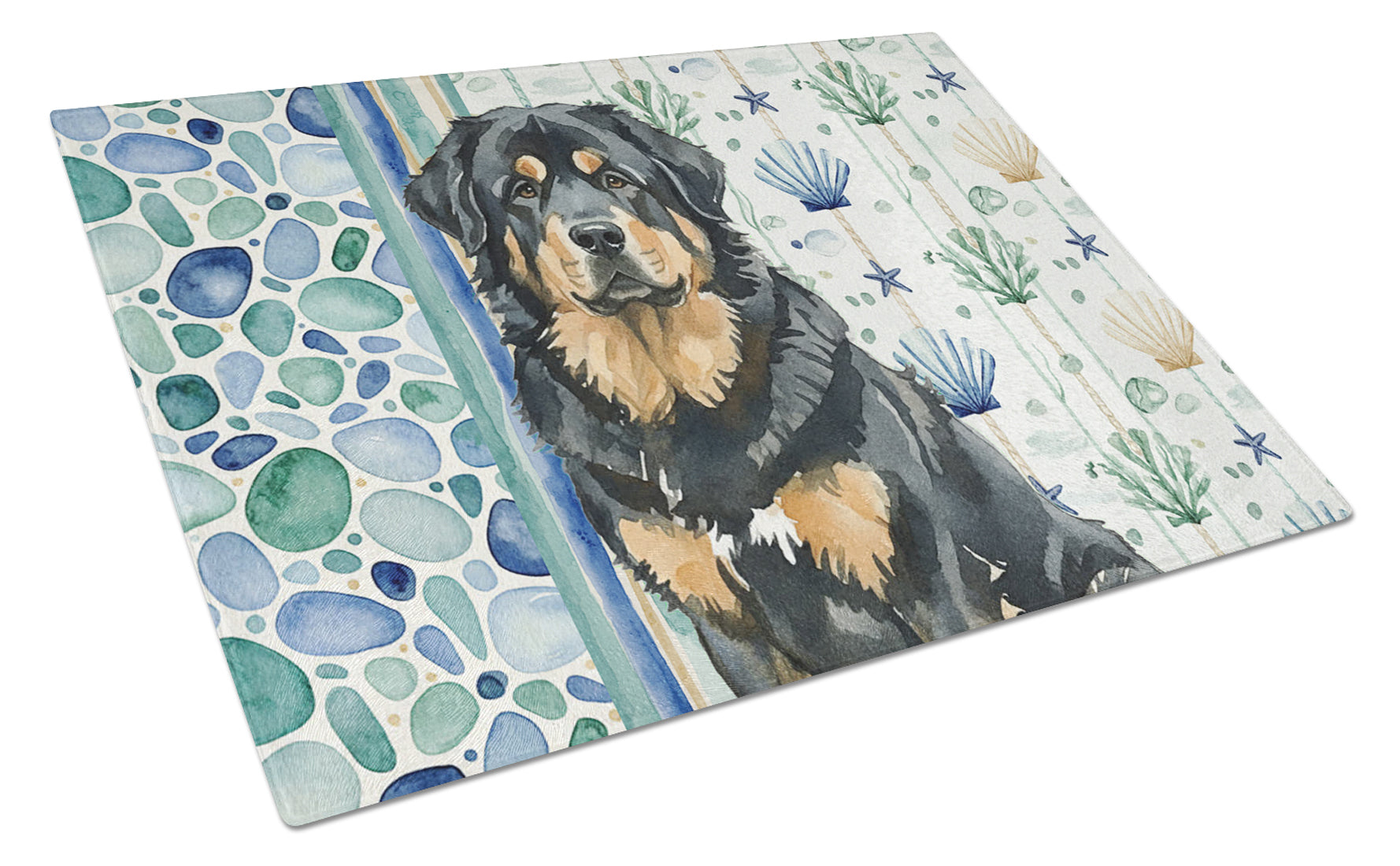 Black and Tan Tibetan Mastiff Coastal Sea Glass Cutting Board Tempered Glass Kitchen Cutting Surface, Heat Resistant Chopping, Non-Slip Feet, Food Prep & Serving
