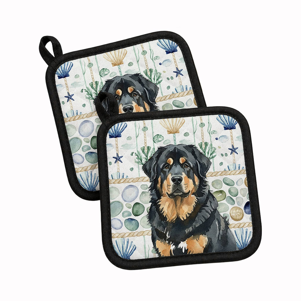Black and Tan Tibetan Mastiff Coastal Sea Glass Pot Holder Set of 2 Heat Resistant Quilted Hot Pads 7.5 x 7.5 Inch, Insulated Kitchen Trivets for Cooking & Baking