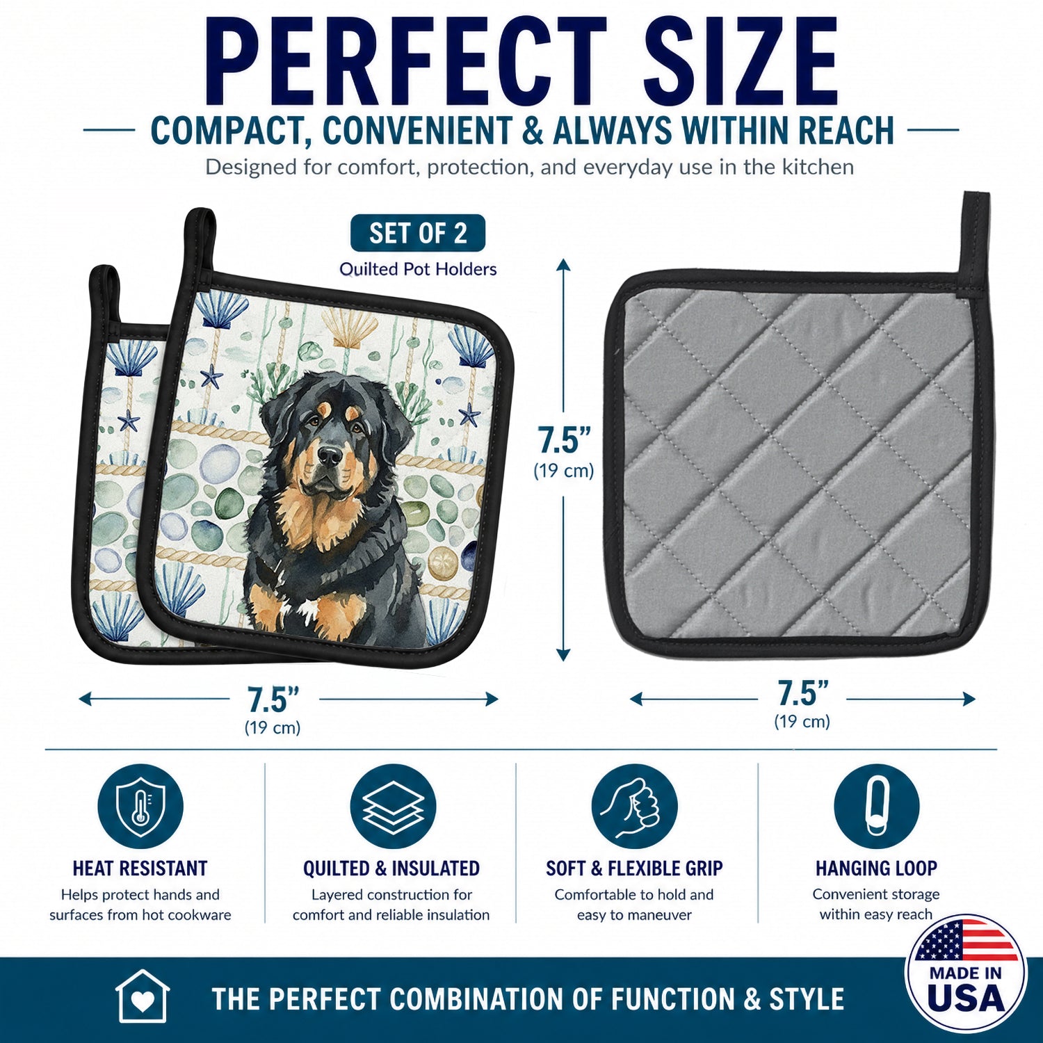 Black and Tan Tibetan Mastiff Coastal Sea Glass Pot Holder Set of 2 Heat Resistant Quilted Hot Pads 7.5 x 7.5 Inch, Insulated Kitchen Trivets for Cooking & Baking