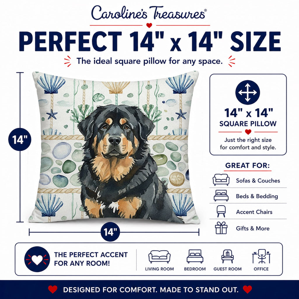 Black and Tan Tibetan Mastiff Coastal Sea Glass Decorative Throw Pillow 14x14 Indoor Outdoor Accent Cushion, Fabric Cover with Insert for Sofa, Bed, Porch & Living Room