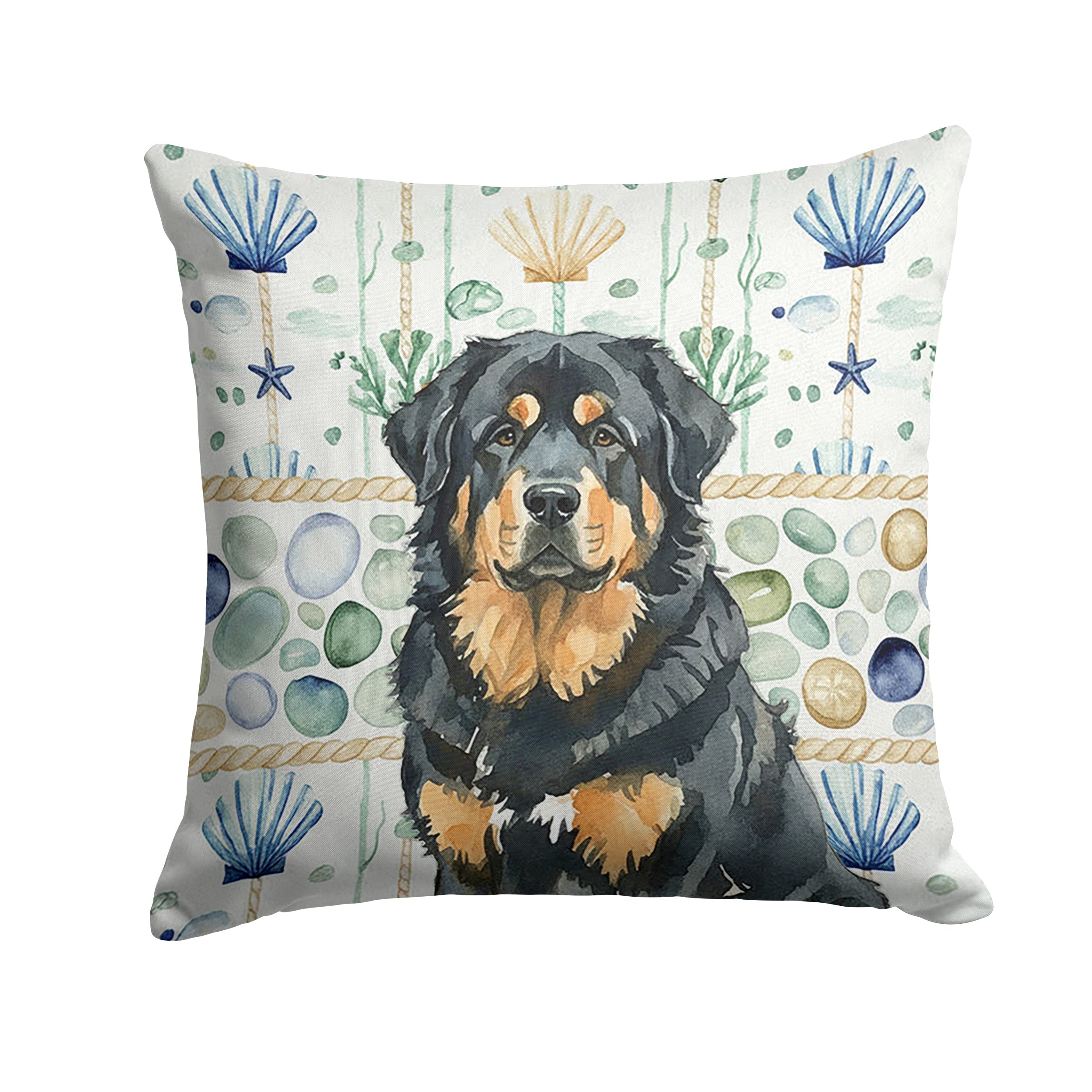 Black and Tan Tibetan Mastiff Coastal Sea Glass Decorative Throw Pillow 14x14 Indoor Outdoor Accent Cushion, Fabric Cover with Insert for Sofa, Bed, Porch & Living Room