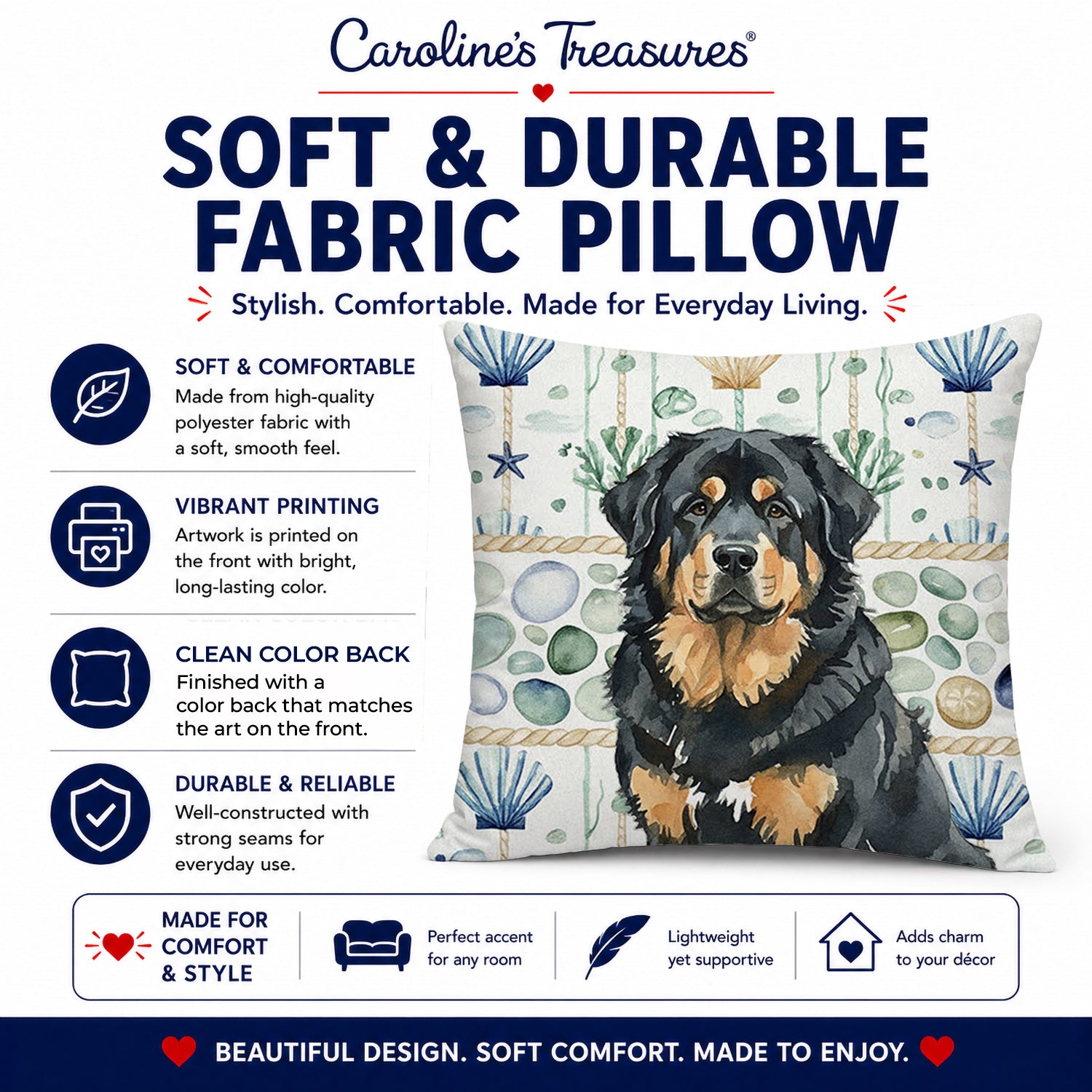 Black and Tan Tibetan Mastiff Coastal Sea Glass Decorative Throw Pillow 18x18 Indoor Outdoor Accent Cushion, Fabric Cover with Insert for Sofa, Bed, Porch & Living Room