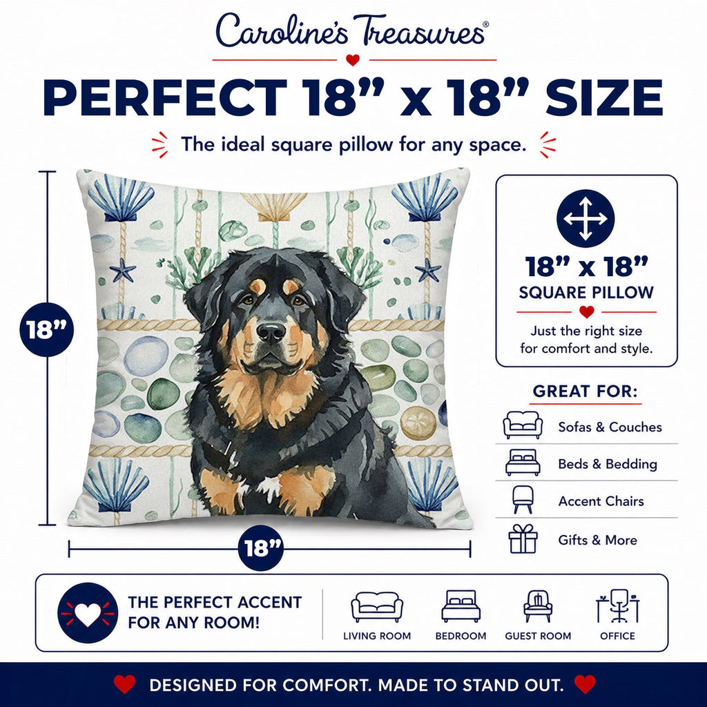 Black and Tan Tibetan Mastiff Coastal Sea Glass Decorative Throw Pillow 18x18 Indoor Outdoor Accent Cushion, Fabric Cover with Insert for Sofa, Bed, Porch & Living Room