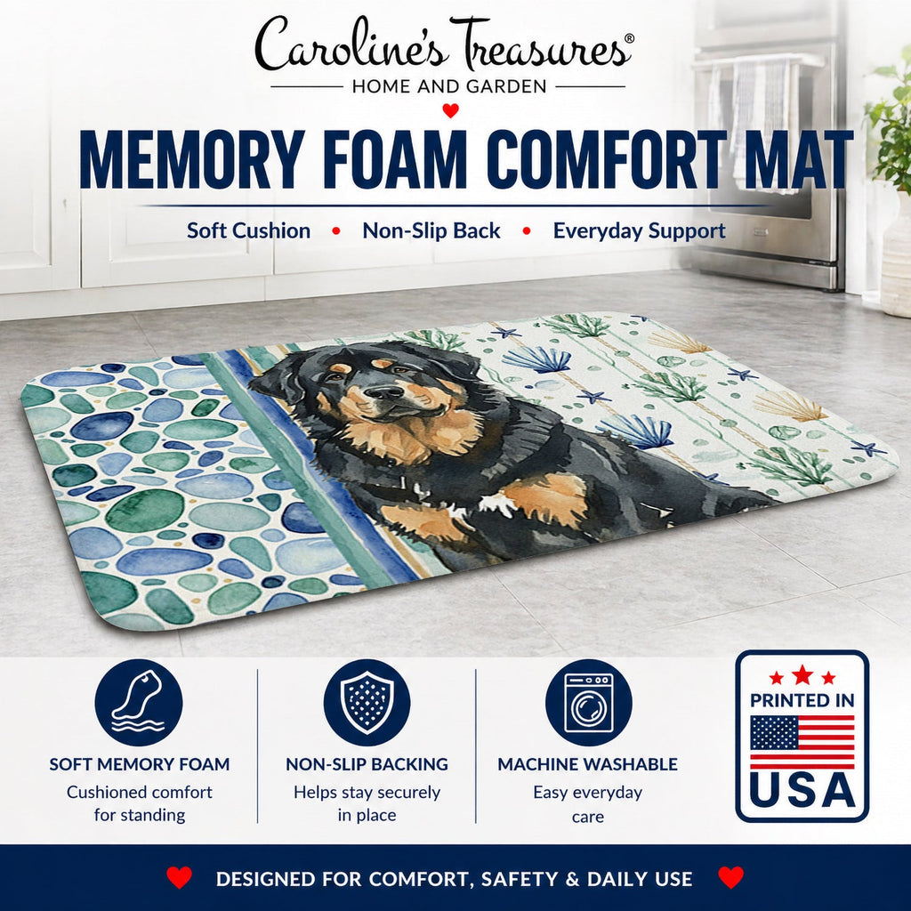 Black and Tan Tibetan Mastiff Coastal Sea Glass Memory Foam Kitchen Mat Machine Washable Anti-Fatigue Cushion Comfort Bath or Kitchen Rug