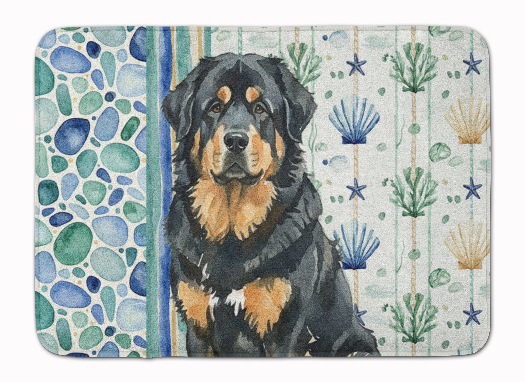 Black and Tan Tibetan Mastiff Coastal Sea Glass Memory Foam Kitchen Mat Machine Washable Anti-Fatigue Cushion Comfort Bath or Kitchen Rug